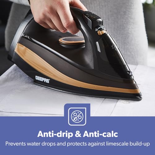 GEEPAS Steam Iron | Clothes Dry & Steam Press | 40s Fast Heat-Up Vertical Steaming | Ceramic Soleplate Adjustable Temperature Cordless | 300ml Tank 1g/Steam Output | 2 Year Warranty 2400W Black/Gold - Image 8