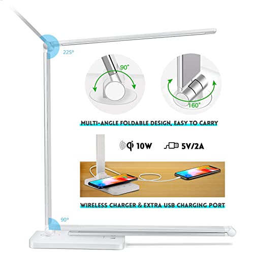 Jostic Led Desk Lamp With Wireless Charger, Usb Charging Port, Desk Lighting With 10 Brightness, 5 Color Modes, Dimmable Eye Caring Reading Desk Lamps For Home Office, Touch Control, Auto Timer, White #TOP2