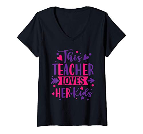 Mujer This Teacher Loves Her Kids Cute School Teacher Valentine's Camiseta Cuello V