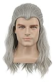 yuehong Men Long Gray Wavy Cosplay Wig Halloween Curly Hair Party Wig Heat Resistant Fashion Wigs