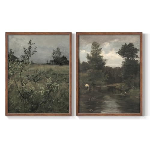 Renditions Gallery Set of 2 Peel & Stick Framed Prints, Abstract Landscape Wall Art, Stream Flowing Through Wooded Area Wall Decor, Re-Stickable - Ready to Hang - 16"x20" - Walnut Frame GAL048