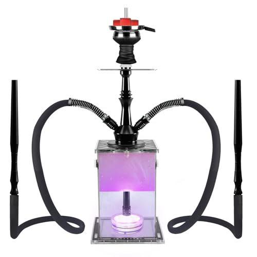 Hookah 2 Hose Hookah Set with Everything Modern Cube Hookahs Shisha Hookah With Hookah Accessories LED Lights Hookah Bowl (Black)