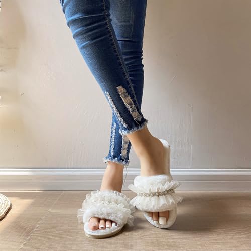 Women's Fuzzy Slippers, Sparkle Faux Pearl Rhinestone Lace Decor Slippers, Fashion Bling Flat Slip on Sandals, Open Toe Indoor House Slippers, Wedding Slipper for Bride Bridal Shower Wedding Day4