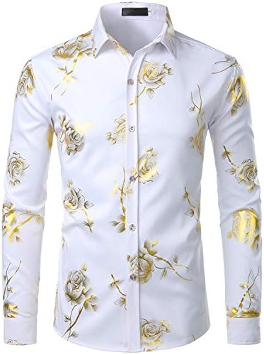 ZEROYAA Mens Hipster 3D Golden Rose Floral Printed Slim Fit Long Sleeve Button Down Dress Shirts ZZCL22 White Large