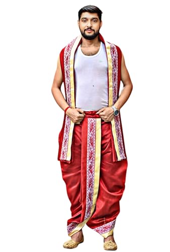 Image of Men's Ethnic | Traditional Ready to wear (Pant System) Readymade Panchakacham Dhoti With Angavastram(Towel) Set, Tassar Silk, Free Size (GC002)