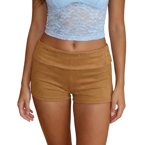 Image of Felcia Women Y2K Mini Shorts Low Rise Rivet Decor Decor Hot Pants Summer Fold Over Waistband Micro Shorts (A-Light Brown, S)