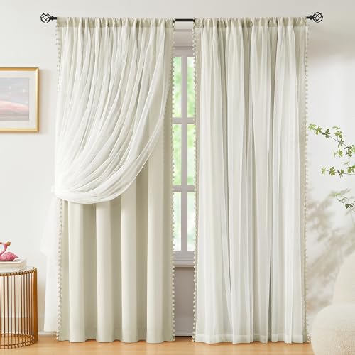 Image of Pom-Pom Blackout Curtains with Sheer Overlay for Bedroom 84 inchL Ivory Mix and Match Double Layer Blackout Curtains for Living Room Nursery Kid's Room Drapes with Tiebacks Rod Pocket 52 inch W x2 Natural