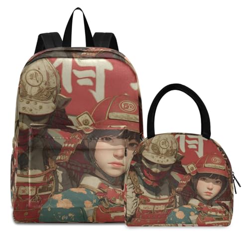 Portrait Of Samurai Print Backpack Set with Lunch Bag, Large Capacity Travel Backpacks and Lunch Box Insulated for Commute Hiking Picnic