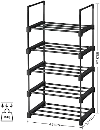 SONGMICS 5-Tier Shoe Rack, Metal Shoe Storage Organiser, Stackable Storage Rack, Space-Saving, Freestanding Shelf, for Hallway, Bedroom, Living Room, Black LSA005B02