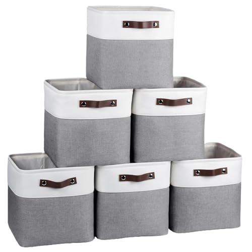 FinishingBo Cube Storage Baskets 6 Pack, 11x11 inch Foldable Cube Storage Bins with Leather Handles for Shelf Closet Nursery Toys (White/ Gray)