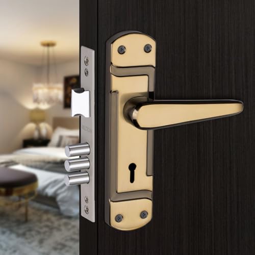 Image of Milton Iron Mortise Lock Set with Handle, Black Gold Finish, 200mm Length, 125mm Handle, Complete with Keys and Lock - MHI-TRISHUL