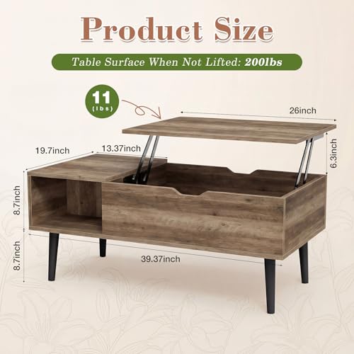 Image of OLIXIS Wooden Coffee Table, Lift Top Coffee Table with Large Hidden Compartment and Ample Storage Shelf, Lift Tabletop Dining Table for Living Room, Home Small Space, Grey