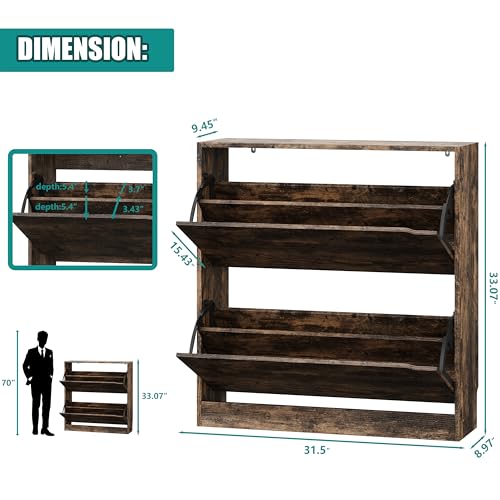 Image of Xixini Shoe Storage Cabinet for Entryway with 2 Flip Drawers, Sturdy Wood Hidden Shoe Storage, Freestanding Narrow Slim Shoe Organizer for Front Door Entrance, Living Room, Hallway, Bedroom, Brown