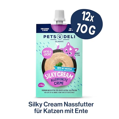 Pets Deli Nassfutter Silky Cream für Katzen mit Ente und Wachtelei - ohne Zucker und Getreide, 12x70g