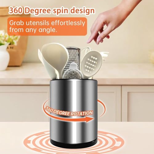 Image of 360 Rotating Stainless Steel Utensil Holder for Kitchen Counter Stainless Steel Spoon, Spatula & Cutlery Organizer 3-Compartment Caddy Kitchen Countertop Storage Rack with Drainage