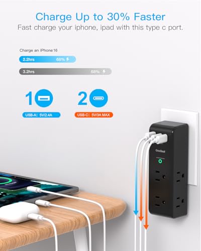 Image of Surge Protector Outlet Extender with Rotating Plug, 6 AC Multi Plug Outlet with 3 USB Ports (2 USB C), 1800J Wall Charger Swivel Power Adapter with Spaced Outlet Splitter for Home Office Dorm, Black