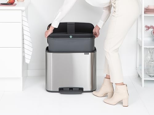 Image of Brabantia Bo Step-On Pedal Trash Can - 9.5 Gal Inner Bucket (Matt Steel FPP) Waste /Recycling Garbage Can, Removable Compartment + Free Bags