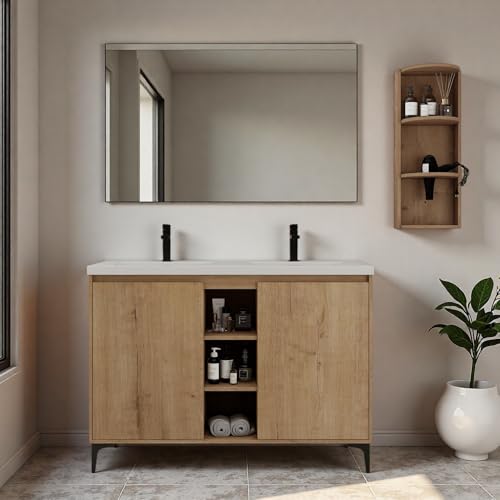 Image of Freestanding Bathroom Vanity, 48 inch Bathroom Storage Cabinet with Double Resin Sinks, 2 Soft-Close Doors & 3 Open Storage Shelves, Floor Vanity with Extra Three-Layer Spacious Shelves, Oak