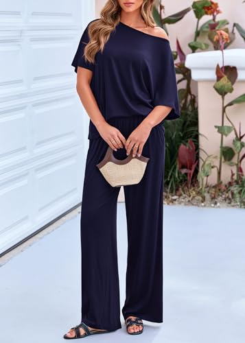 KIRUNDO Lounge Sets for Women Airport Travel Outfit 2026 Summer Off the Shoulder Tops Wide Leg Pants 2 Piece Matching Set(Navy, X-Large) — view 5