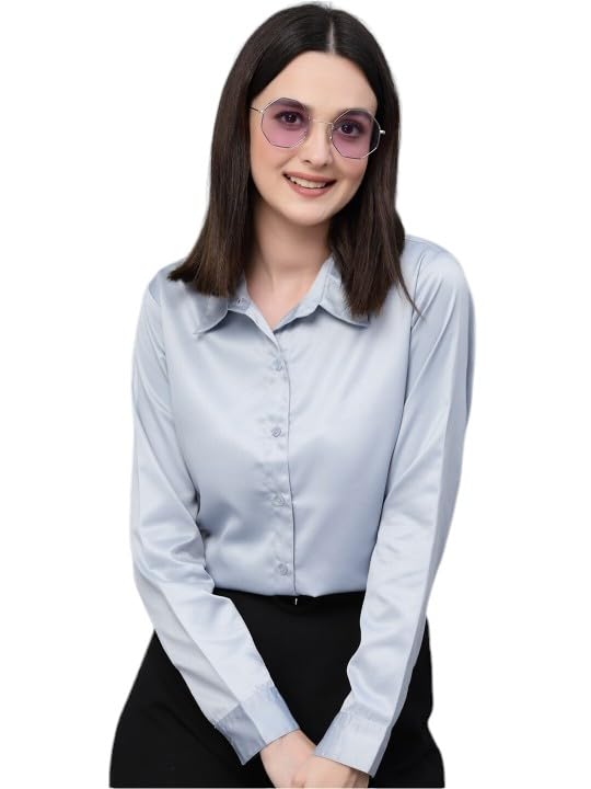 Image of Style Quotient Women Olive Satin Regular Formal Shirt