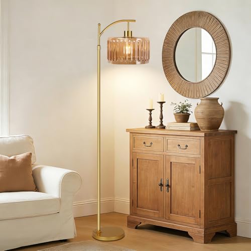 Image of QIYIZM Glass Floor Lamp for Living Room,Bedroom,Gold Dimmable Standing Lamp with Remote,Mid Century Modern Brass Tall Lamp Boho Vintage Retro Floor Lamps Arc Amber Flower Floor Light Lamp Bohemian