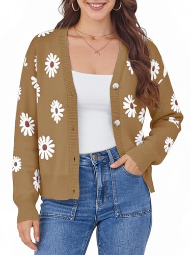 Plus Size Sweaters for Women Cute Open Front Flower Sweater Fashion Casual Knitted Winter Cardigan Khaki Daisy XX-Large