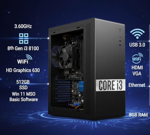 Image of Computer Desktop CPU Core i3-8th 3.60GHz Gen (i3-8100 II USB 3.0 II WiFi II HDMI II VGA II HD Graphics 630 II Ethernet II Win 11 & MSO) Basic Software Installed (128, GB, 4, GB)
