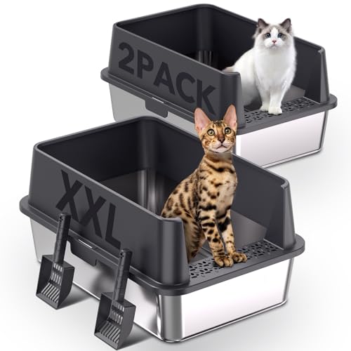 2er Set XXL Katzenklo Edelstahl 60×40×30 cm – hoher Rand offene Katzentoilette Edelstahl (37 L) für große Katzen & Mehrkatzenhaushalte, Metall Katzenklo geruchsfrei, auslaufsicher, inkl. Streuschaufel