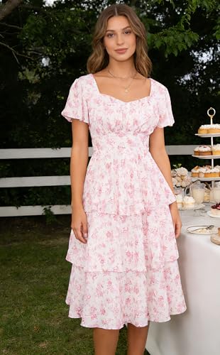 Image of Belle Poque Women's Vintage Square Neck Dress 2026 Summer Short Sleeve Layered Tiered Ruffle A-line Swing Midi Dress