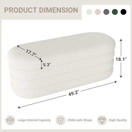 Storage Ottoman Bench 49.2 Inch Upholstered Fabric Storage Bench for Bedroom End of Bed Aesthetic Large Oval Ottoman for Living Room Entryway (Ivory)