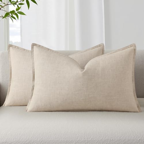 Image of decorUhome Decorative Linen Throw Pillow Covers 12x20 Inch Set of 2 Natural Beige Lumbar Pillow Covers with Flange Edges Soft Farmhouse Boho Accent Pillow Cases for Couch Bed Living Room