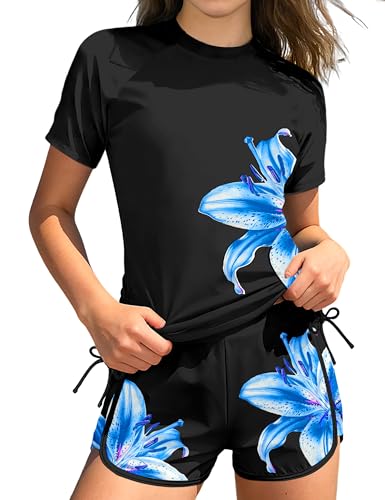 Image of AGAPENG Girls Swimsuit Two Piece Short Sleeve Rash Guard Floral Print Ruched Girls Bathing Suit UPF 50+ Swimwear for 9-16Y