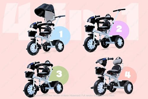Image of kidsROAR Stroller Tricycle For Kids For 1 Year+ | 2 Year+ Baby Cycle With Rotational Leather Seat | Light Music | Removable Canopy | Push Handle | 4 In 1 Baby Cycle For 1 Year Kids (573R), Black