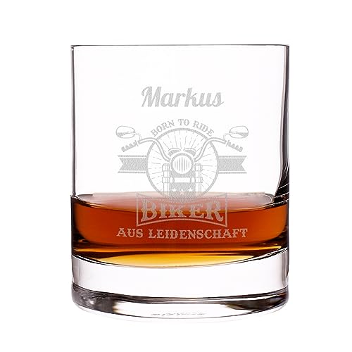 Herz & Heim® Whisky Glas mit Gratis Gravur des Namen und Hobby-Motiv Biker
