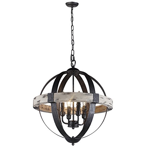 Promo 40% OFF 26" Pendant Chandelier Light Aspen Vintage Wood Wooden Frame Iron Band Sphere Globe