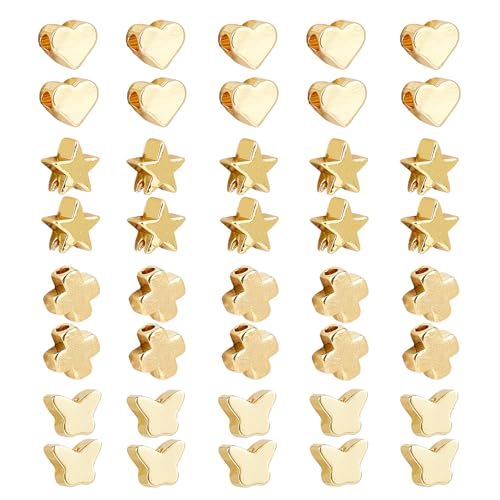NICENEEDED 40 Pcs 18K Gold Plated Spacer Beads, Heart Cross Star Loose Beads