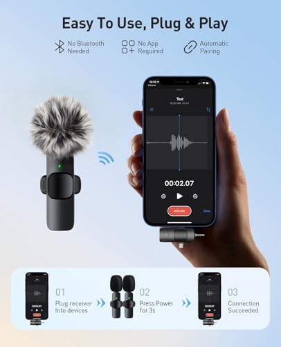 Wireless Lavalier Microphone for iPhone: 3 in 1 Mini Microphones for iPad, Camera and Android Devices, Noise Reduction Lapel Mic - View 4