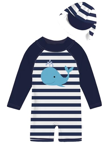 Image of uideazone Baby Boys One Piece Swimsuit 3D Printed Whale Long Sleeve Bathing Suit Quick Drying Round Neck Rash Guard Swimwear 0-3 Months