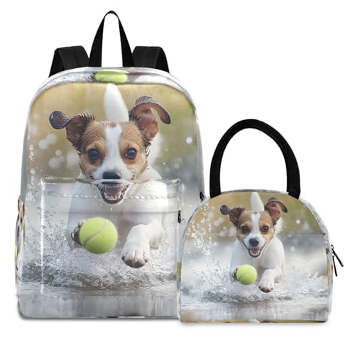 Backpack Lunch Bag Set Dog and Ball Print, Big Storage Travel Backpacks with Insulated Lunch Box for Office Hiking Picnic