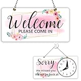 PLIGREAT Cornice floreale aperta e chiusa con orologio Welcome Please Come In Sorry We Missed You, cartelli per affari, vendita al dettaglio, decorazione da parete per finestre, cartelli da appendere