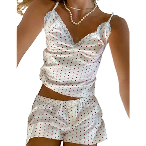NUFIWI Women Y2k 2 Piece Shorts Set Lace Trim Spaghetti Strap Cami Crop Top High Waist Shorts Heart Printed Pajamas Set