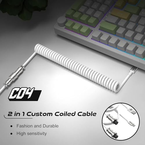 Image of C04 2 in 1 Custom Coiled USB C Cable for Gaming Keyboard-Detachable Double Sleeve Spiral Cable with 5 Pin Aviator Connector for PS4,Xbox-USB A To Type C&Type C To Type C(1.62+3.28inch)-White