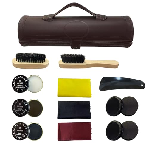 Laaorr Shoe Polish Kit 12Pcs Portable Shoe Cleaning Kit for Black Brown Leather Boot Polishing Luxury Shine Shoe Care Set Barrel with Horsehair Brush Applicator Shoe Horn Suede Cloth