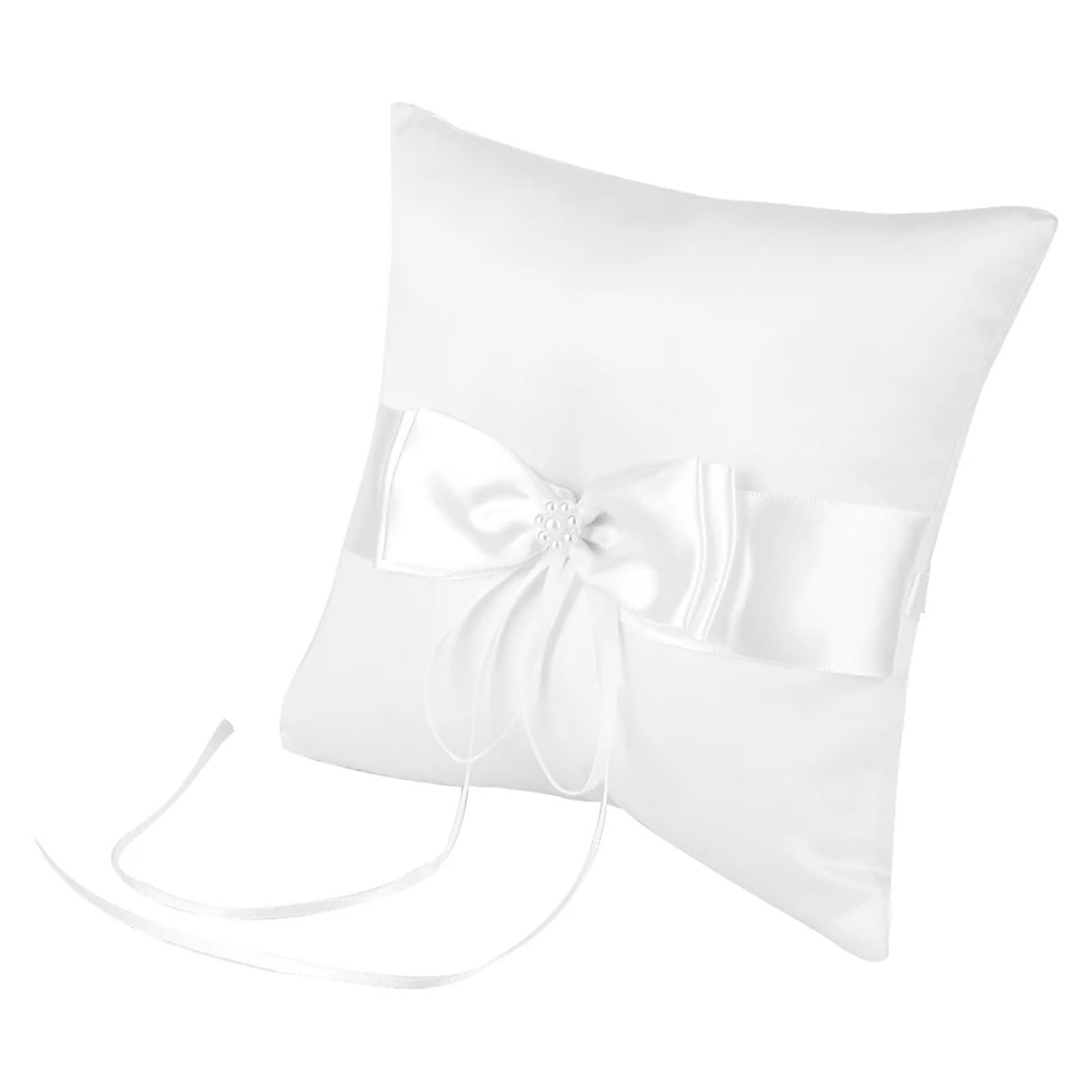 CGRSDSD Ring Bearer Pillow White Satin Bowknot Ring Bearer Pillow Holder Wedding Ring Pillow With Simulation Pearl 15x15cm