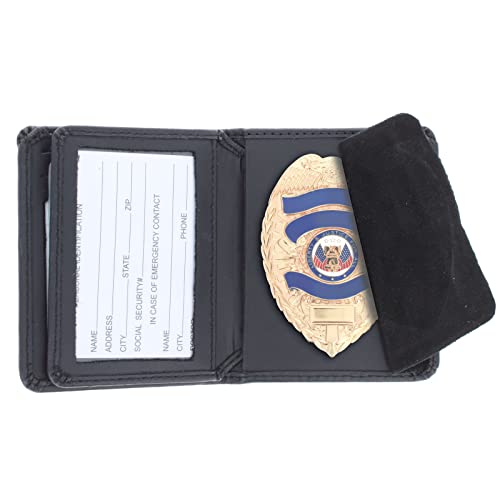 Black Leather Bifold RFID Wallet Police Badge Holder with Removable ID Card Holder, Shield