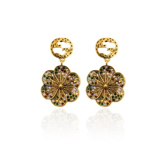 Generic Vintage Floral Fashion Drop Earrings for Women, Gold Plated Dangle Earrings, Gold/green