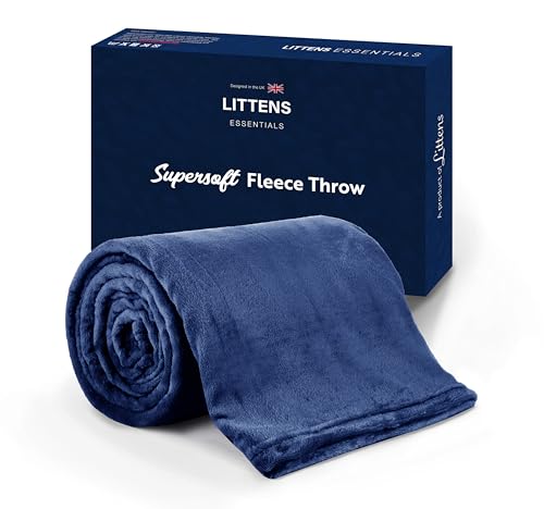 Littens Essentials Navy Blue Single Bed Flannel Fleece Throw Blanket Soft Cosy Fluffy Warm Lightweight Thermal Winter 120cm x 150cm