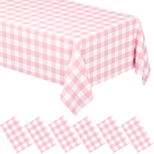 Image of 6 Pack Pink Gingham Tablecloth Rectangular Pink and White Checkered Tablecloths Disposable Plastic Pink Plaid Table Cover for Parties, Outdoor Picnic, Birthday, Wedding, Camping 54 x 108 Inch
