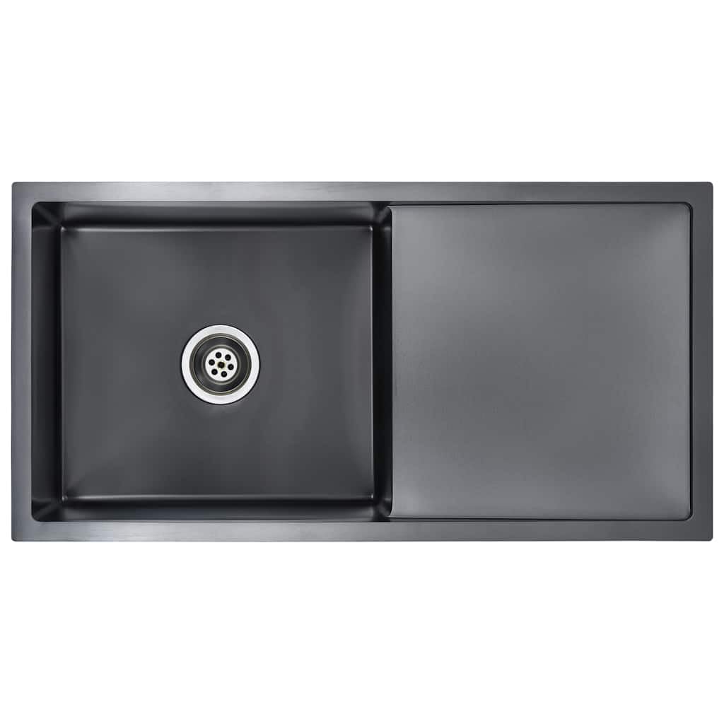 vidaXL Handmade Kitchen Sink Under-Mount Kitchen Sink Drop in Basin Single Bowl Workstation Flushmount Installation Black Stainless Steel