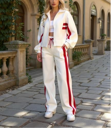 Women's 2 Piece Outfits Fall Casual Sweatsuits Full Zip Sweatshirts and Matching Wide Leg Sweatpant Set2